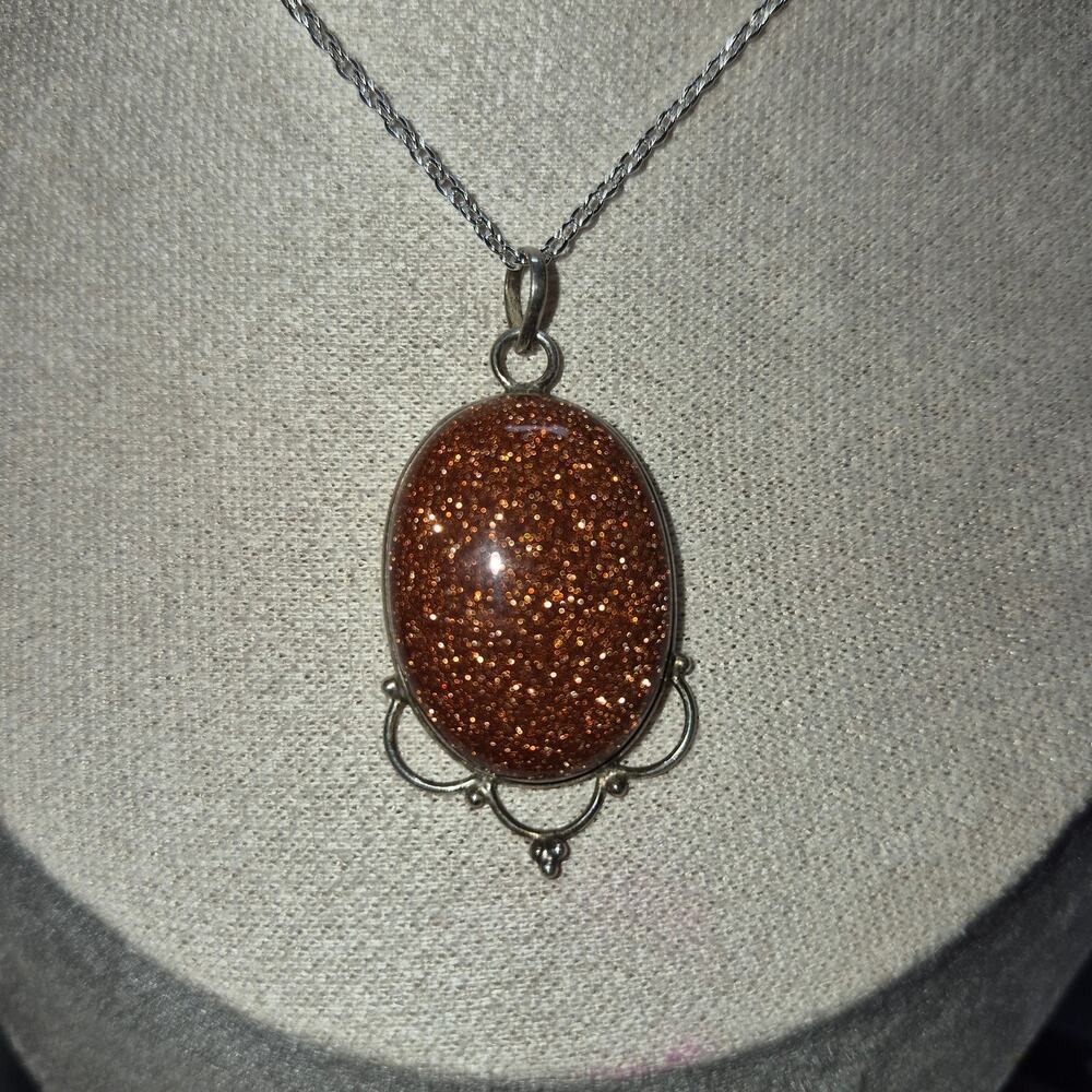 Handcrafted Goldstone Pendant Necklace 925 Silver Plated Chain Sparkling Brown